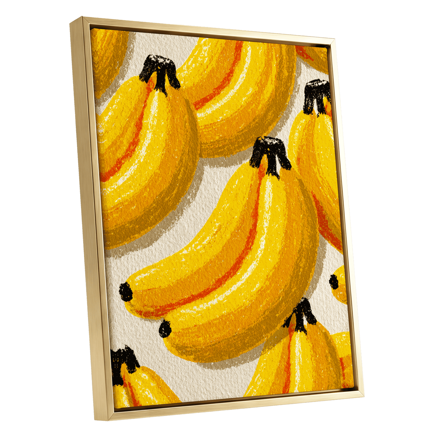 Golden Banana Parade, yellow, gold, orange nature wall art shown as a gold framed canvas wall art