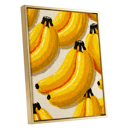 Golden Banana Parade, yellow, gold, orange nature wall art shown as a gold framed canvas wall art