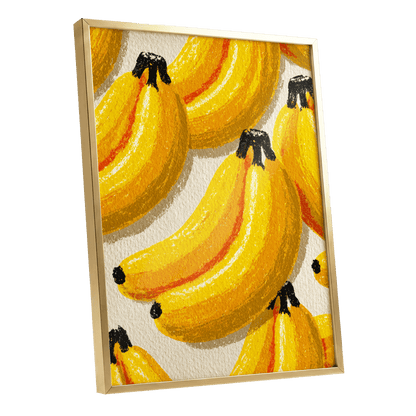 Golden Banana Parade, yellow, gold, orange nature wall art shown as a gold framed poster wall art print