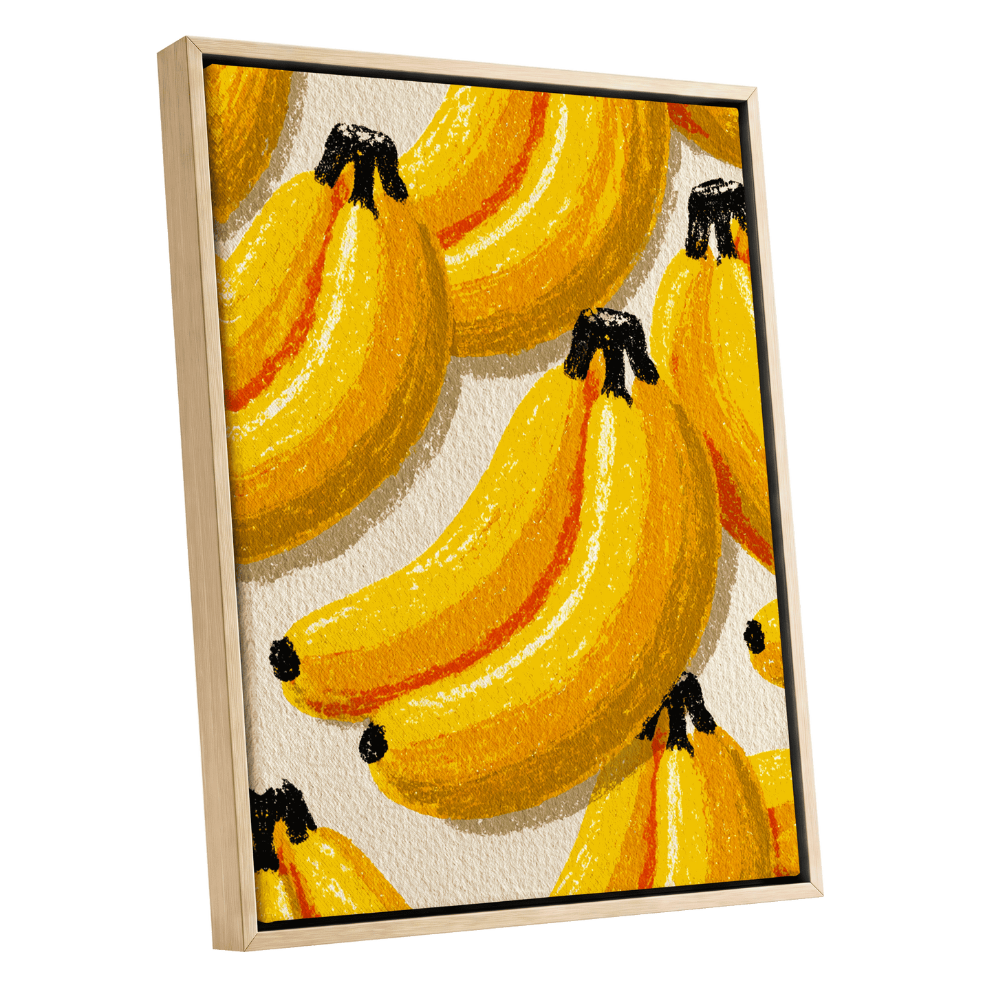 Golden Banana Parade, yellow, gold, orange nature wall art shown as a oak framed canvas wall art