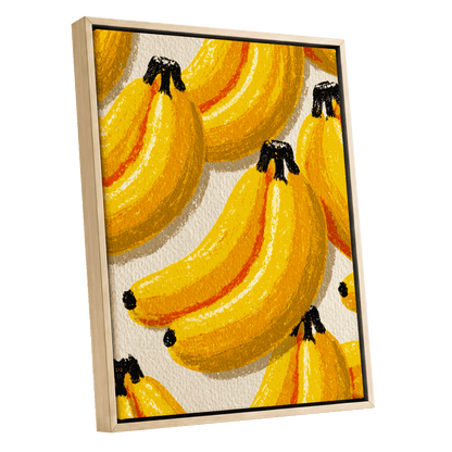 Golden Banana Parade, yellow, gold, orange nature wall art shown as a oak framed canvas wall art