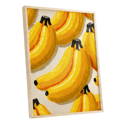 Golden Banana Parade, yellow, gold, orange nature wall art shown as a oak framed poster wall art print