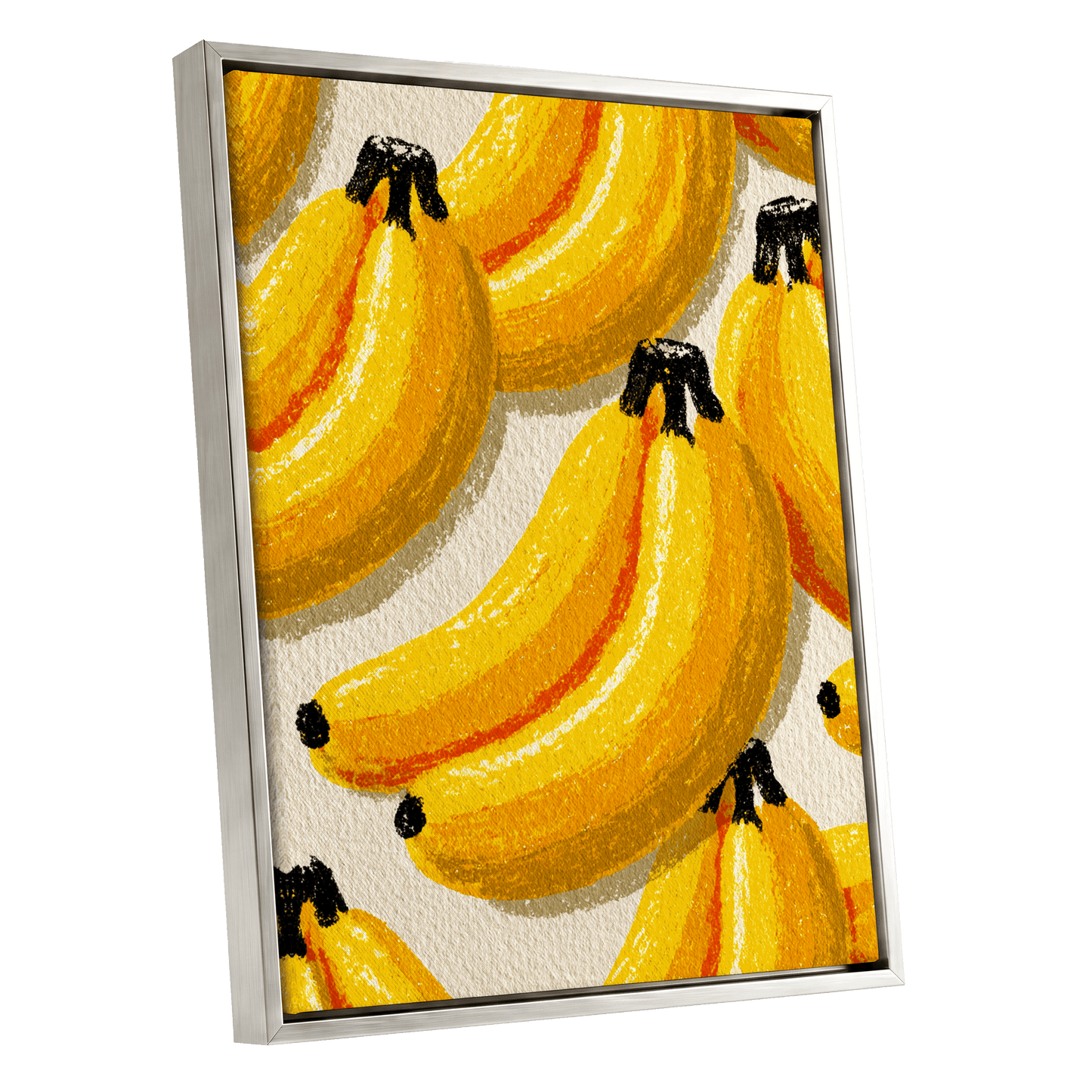 Golden Banana Parade, yellow, gold, orange nature wall art shown as a silver framed canvas wall art