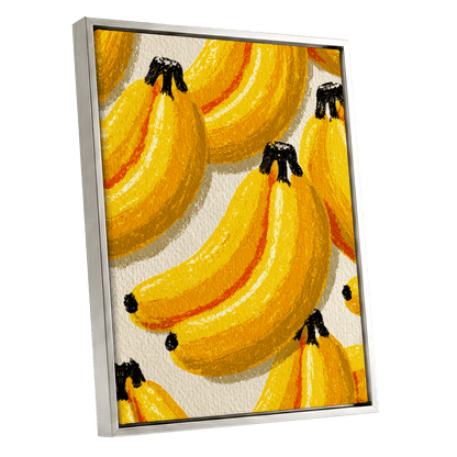 Golden Banana Parade, yellow, gold, orange nature wall art shown as a silver framed canvas wall art