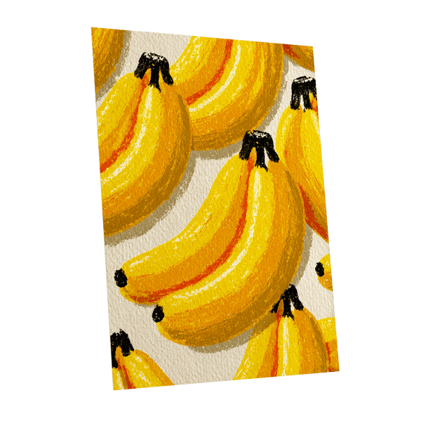 Golden Banana Parade, yellow, gold, orange nature wall art shown as a unframed poster wall art print