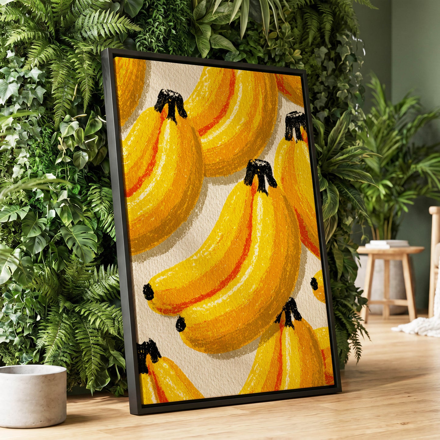 Golden Banana Parade, yellow, gold, orange nature wall art displayed in a styled interior, gallery view 1