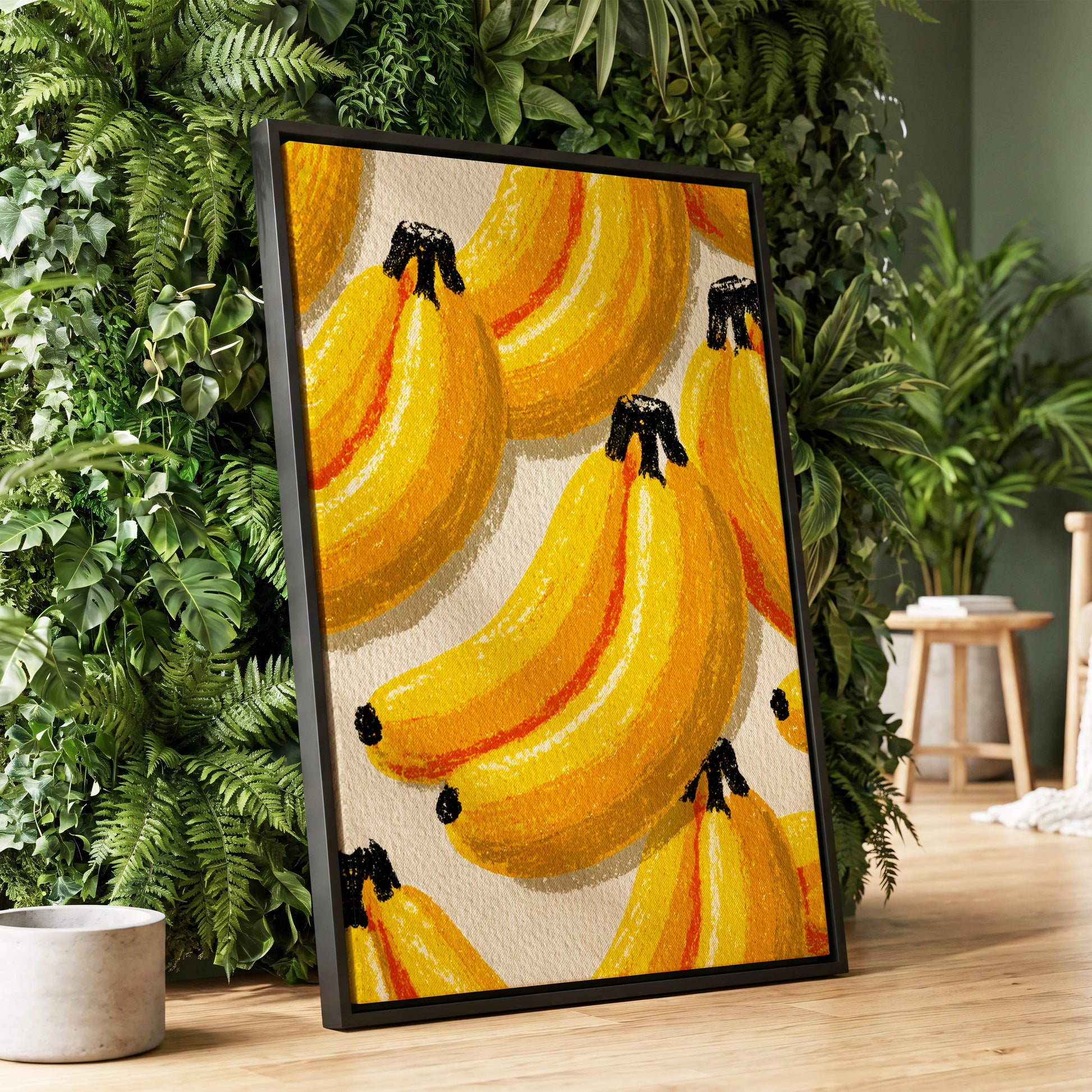 Golden Banana Parade, yellow, gold, orange nature wall art displayed in a styled interior, gallery view 1