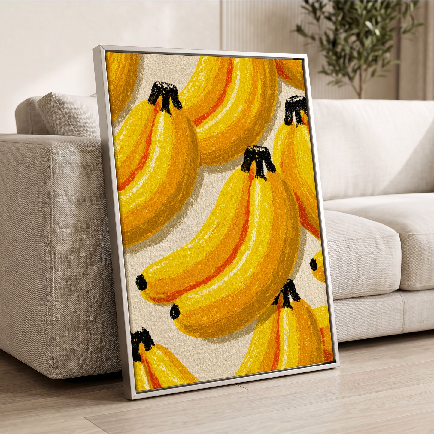 Golden Banana Parade, yellow, gold, orange nature wall art displayed in a styled interior, gallery view 2