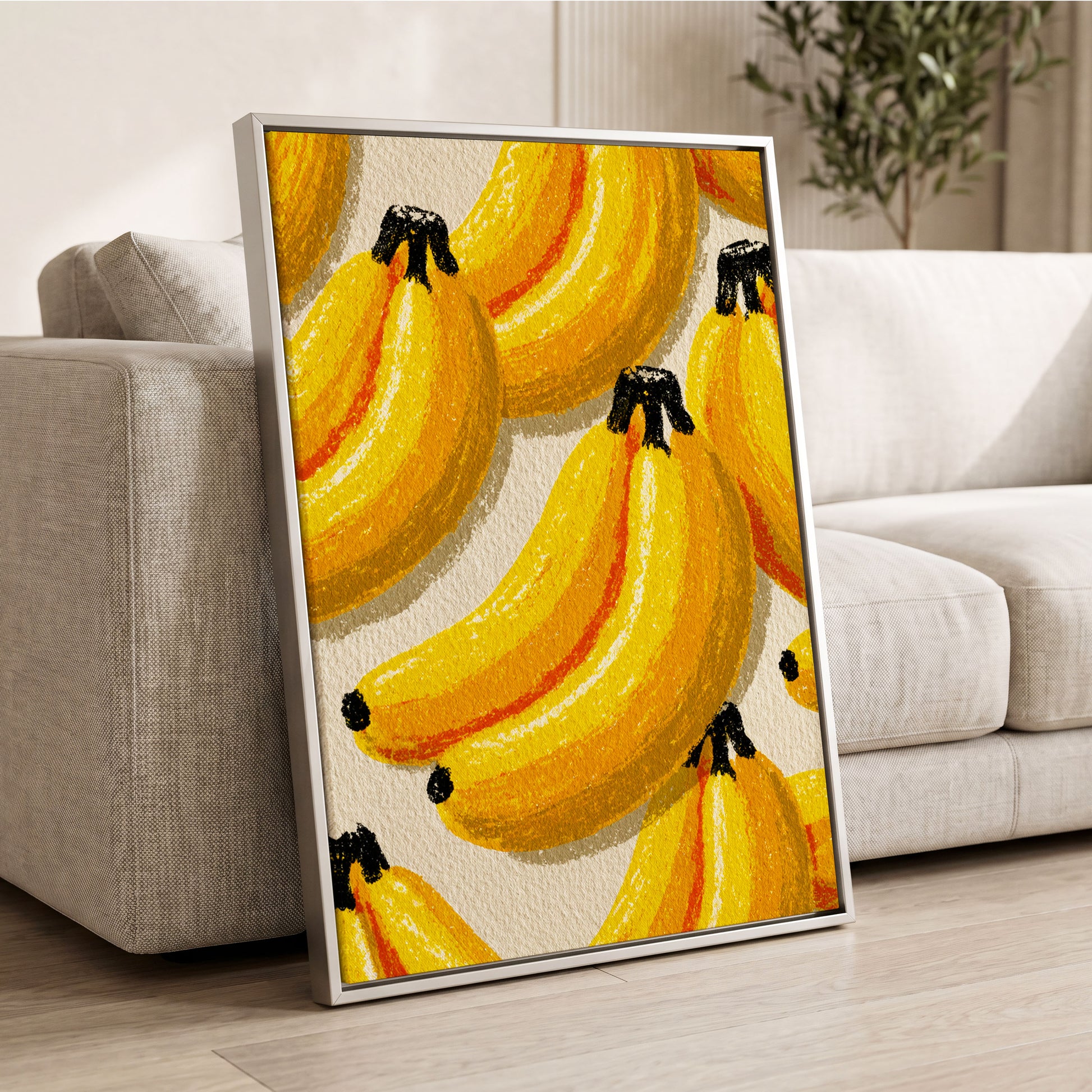 Golden Banana Parade, yellow, gold, orange nature wall art displayed in a styled interior, gallery view 2