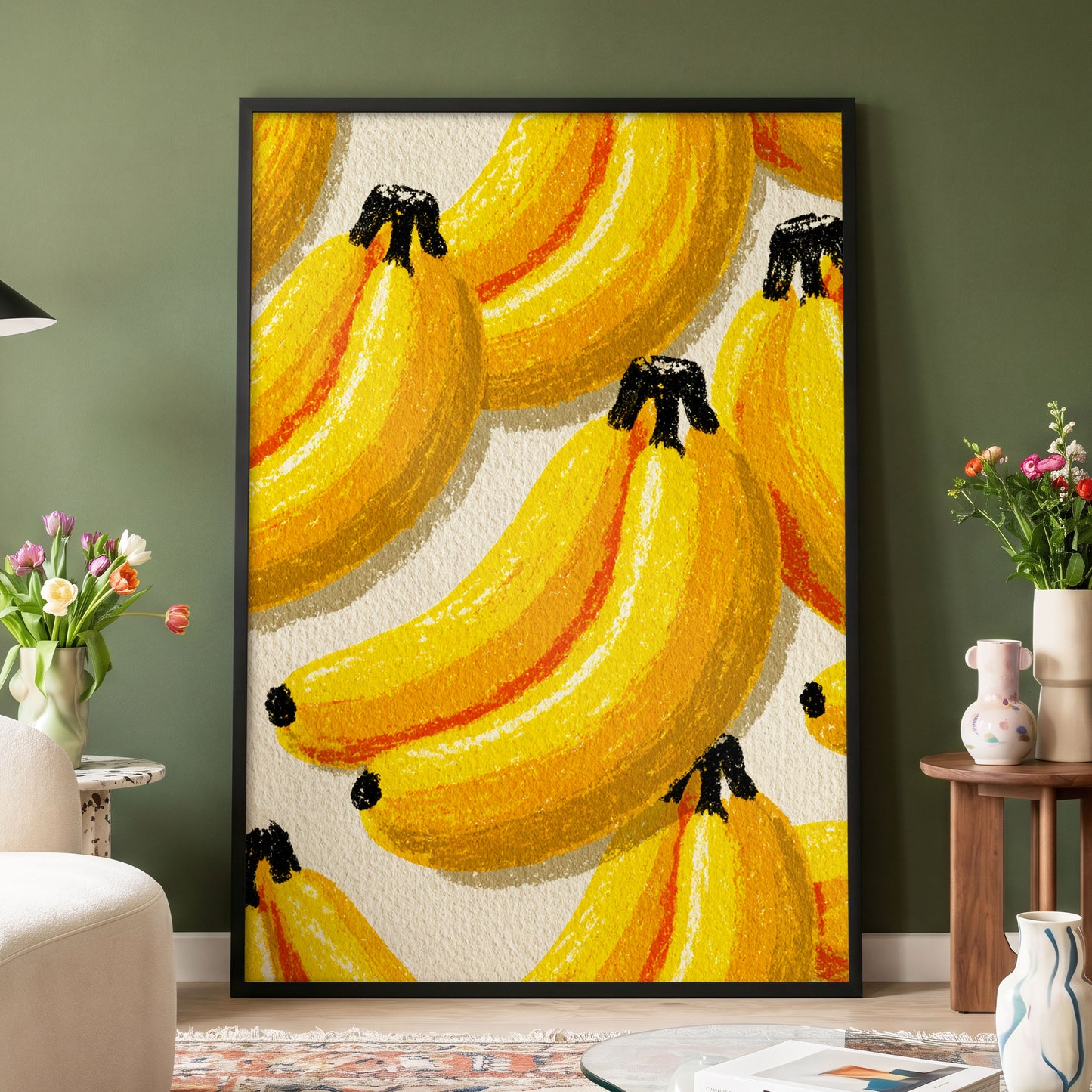 Golden Banana Parade, yellow, gold, orange nature wall art displayed in a styled interior, gallery view 4