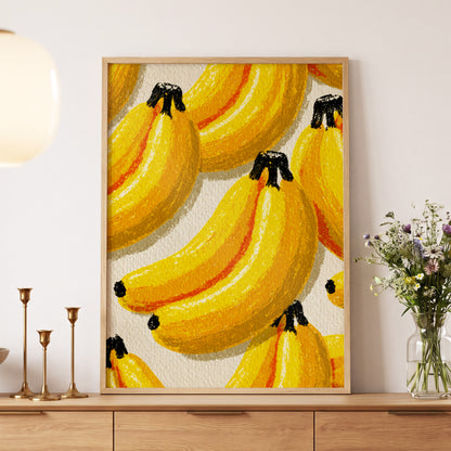 Golden Banana Parade, yellow, gold, orange nature wall art displayed in a styled interior, gallery view 5