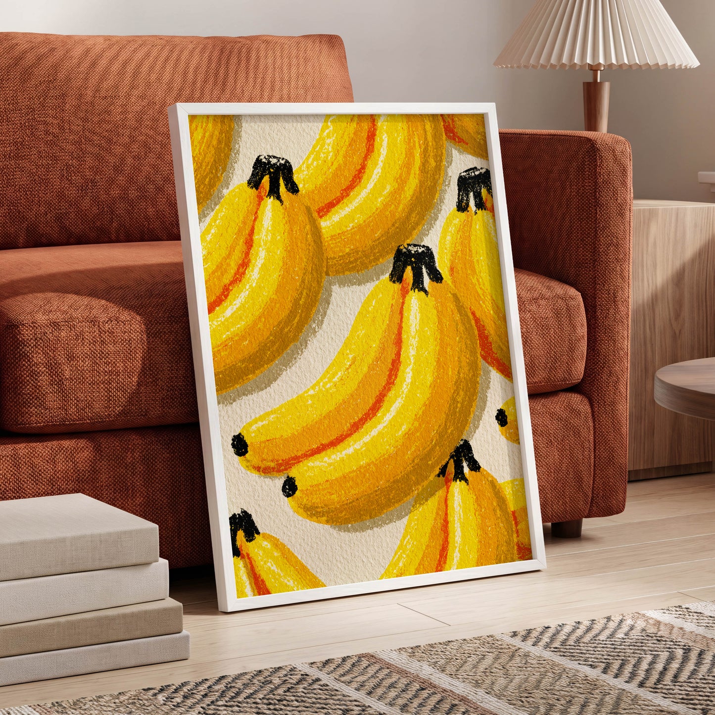 Golden Banana Parade, yellow, gold, orange nature wall art displayed in a styled interior, gallery view 6