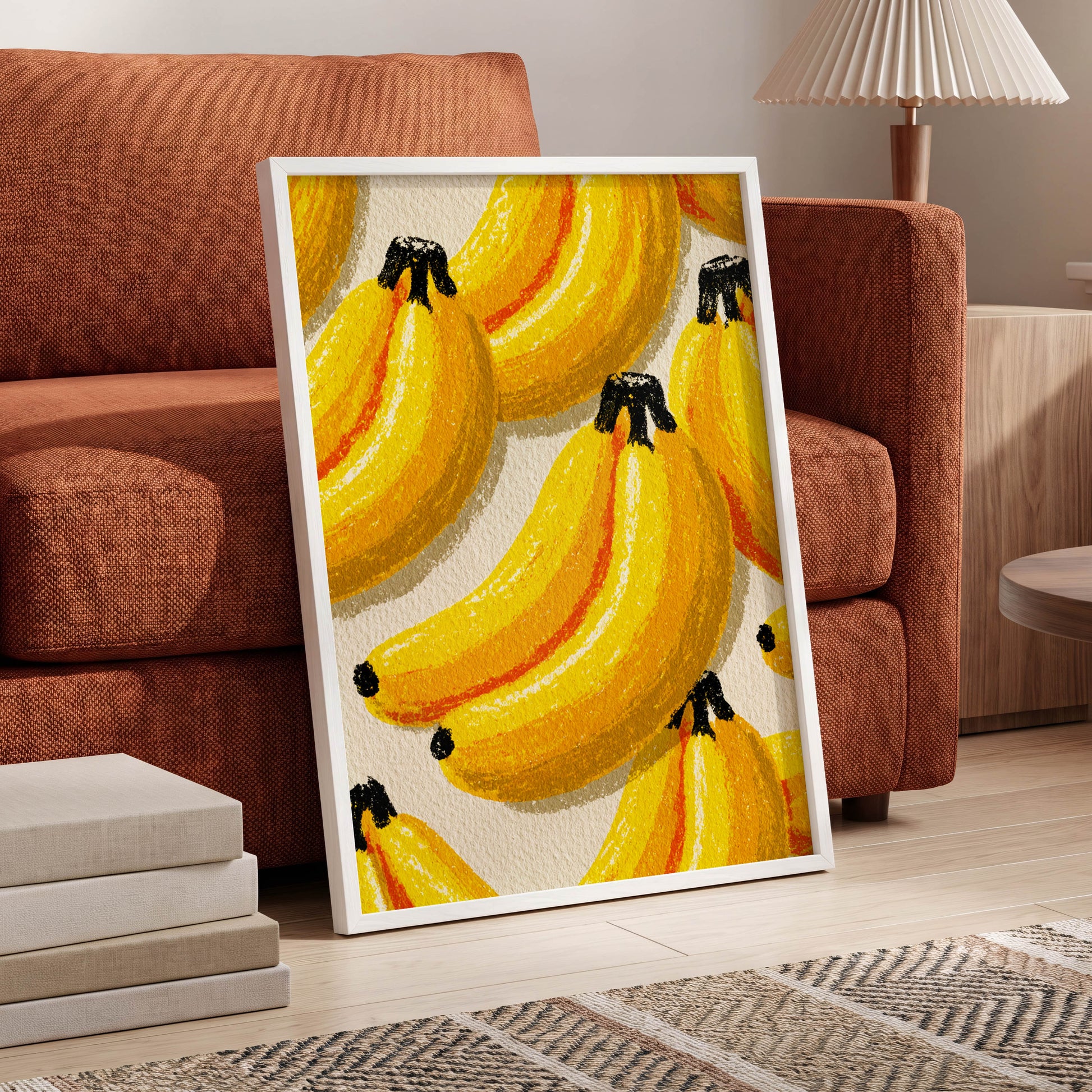 Golden Banana Parade, yellow, gold, orange nature wall art displayed in a styled interior, gallery view 6