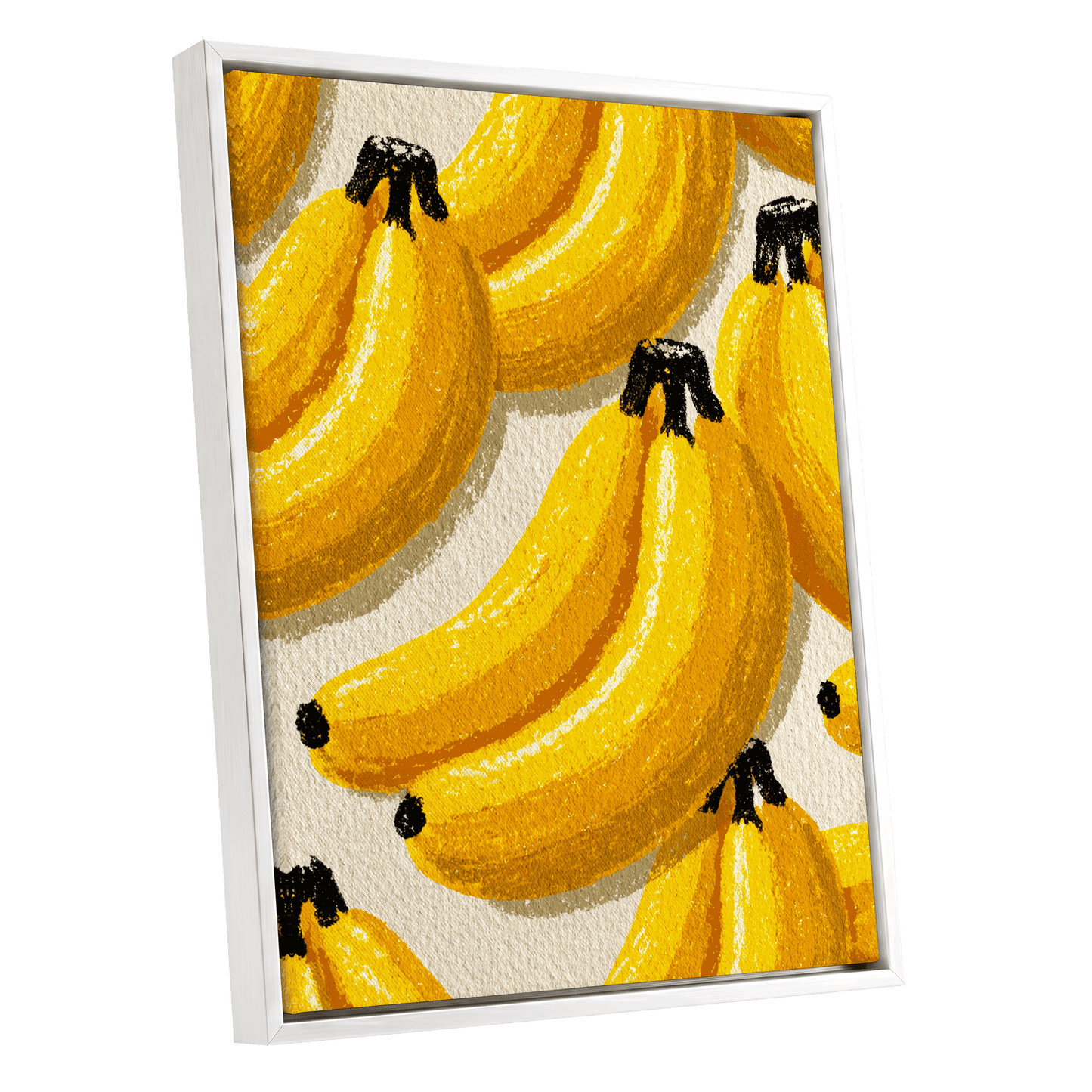Golden Banana Parade, yellow, gold, orange nature wall art shown as a white framed canvas wall art