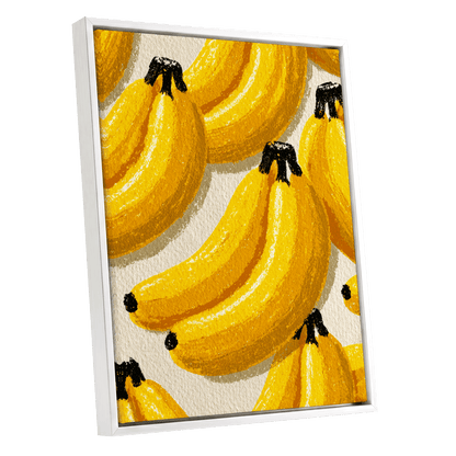 Golden Banana Parade, yellow, gold, orange nature wall art shown as a white framed canvas wall art