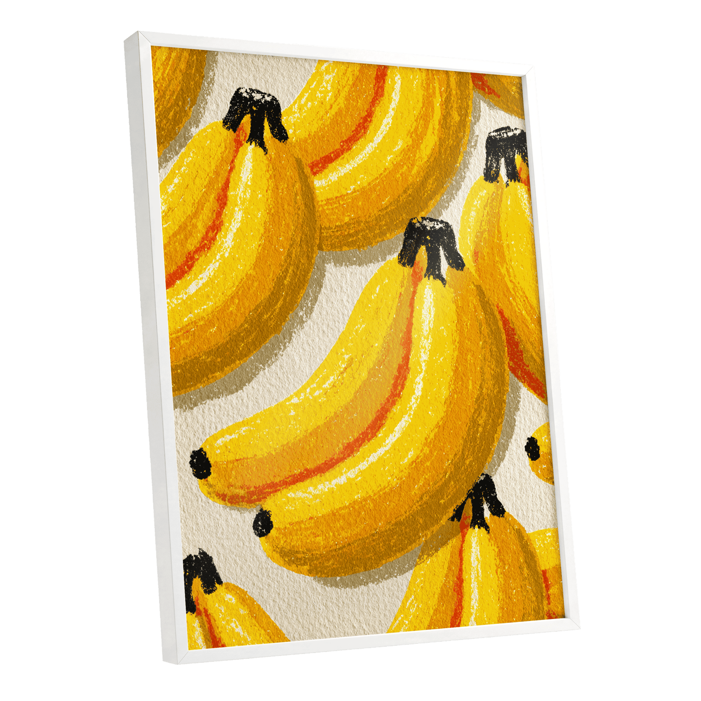 Golden Banana Parade, yellow, gold, orange nature wall art shown as a white framed poster wall art print
