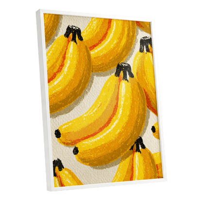 Golden Banana Parade, yellow, gold, orange nature wall art shown as a white framed poster wall art print