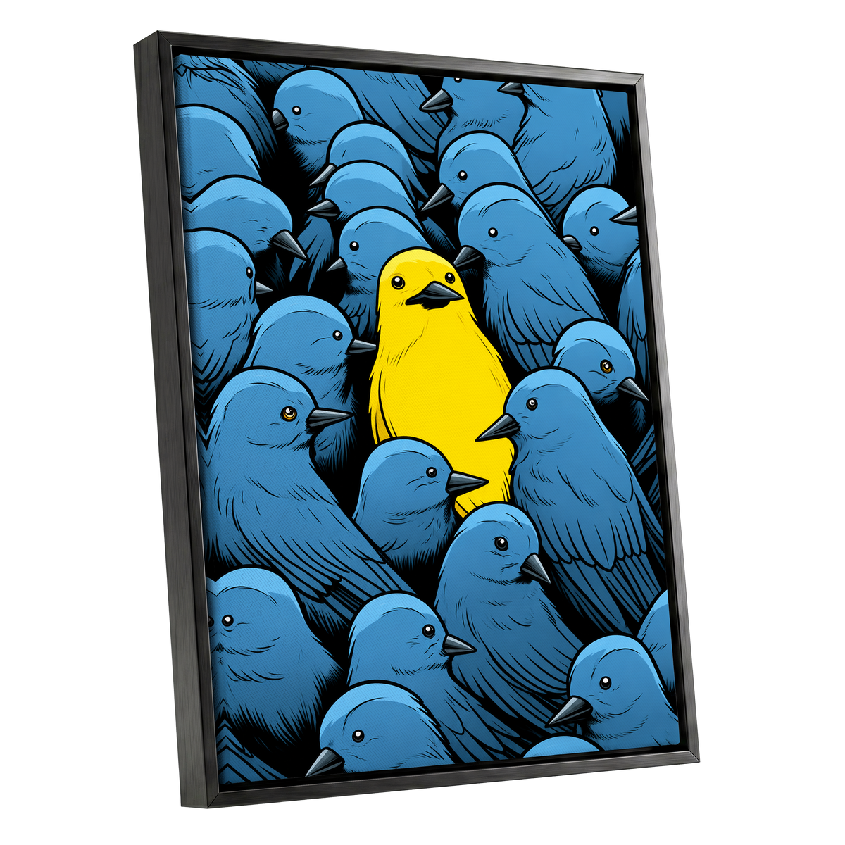 Golden Bird in Blue, blue, yellow, black nature wall art shown as a black framed canvas wall art