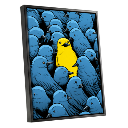 Golden Bird in Blue, blue, yellow, black nature wall art shown as a black framed canvas wall art