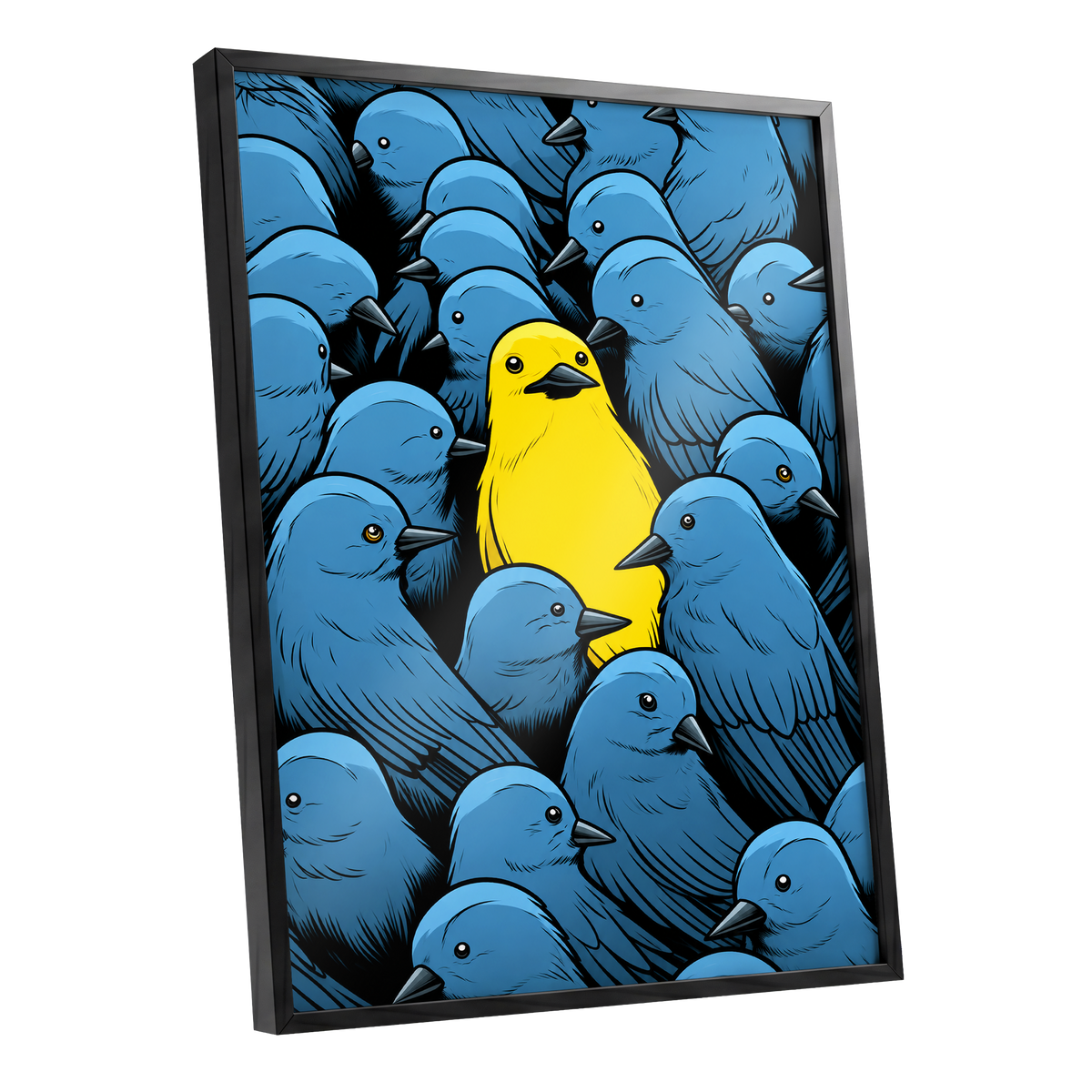 Golden Bird in Blue, blue, yellow, black nature wall art shown as a black framed poster wall art print