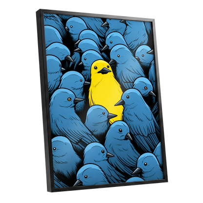 Golden Bird in Blue, blue, yellow, black nature wall art shown as a black framed poster wall art print