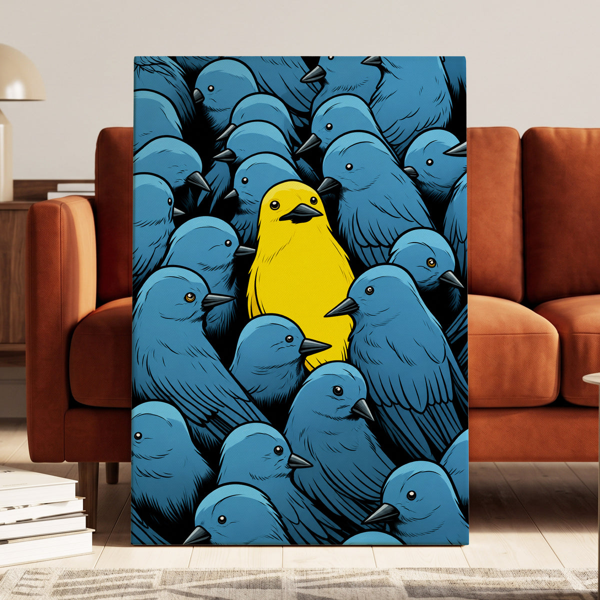 Golden Bird in Blue, blue, yellow, black nature wall art on canvas displayed in a styled interior, gallery view 1