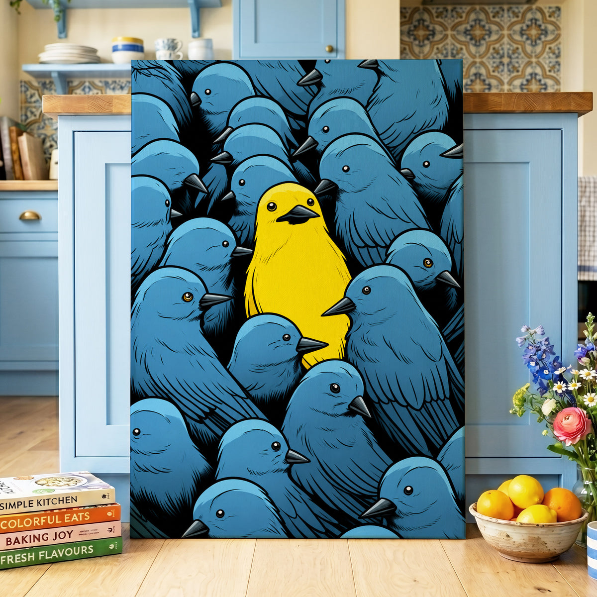 Golden Bird in Blue, blue, yellow, black nature wall art on canvas displayed in a styled interior, gallery view 2