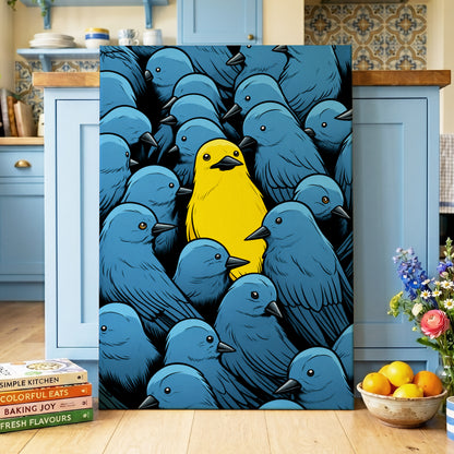 Golden Bird in Blue, blue, yellow, black nature wall art on canvas displayed in a styled interior, gallery view 2