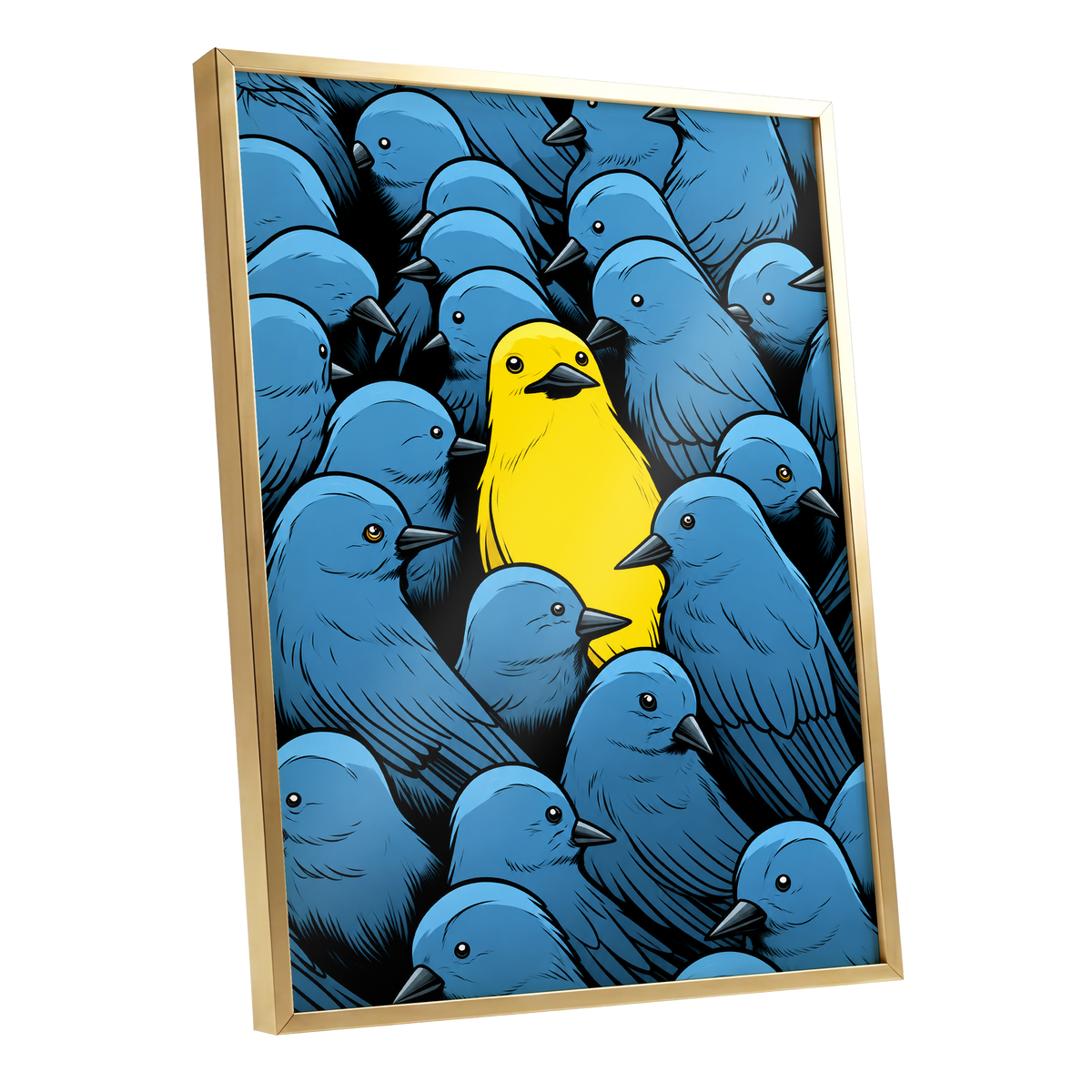 Golden Bird in Blue, blue, yellow, black nature wall art shown as a gold framed poster wall art print