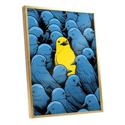 Golden Bird in Blue, blue, yellow, black nature wall art shown as a gold framed poster wall art print
