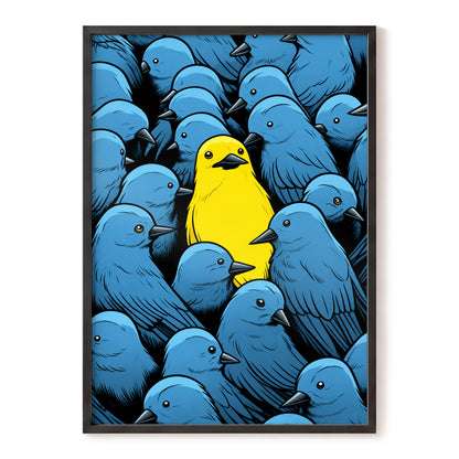 Golden Bird in Blue, blue, yellow, black nature wall art, front artwork view