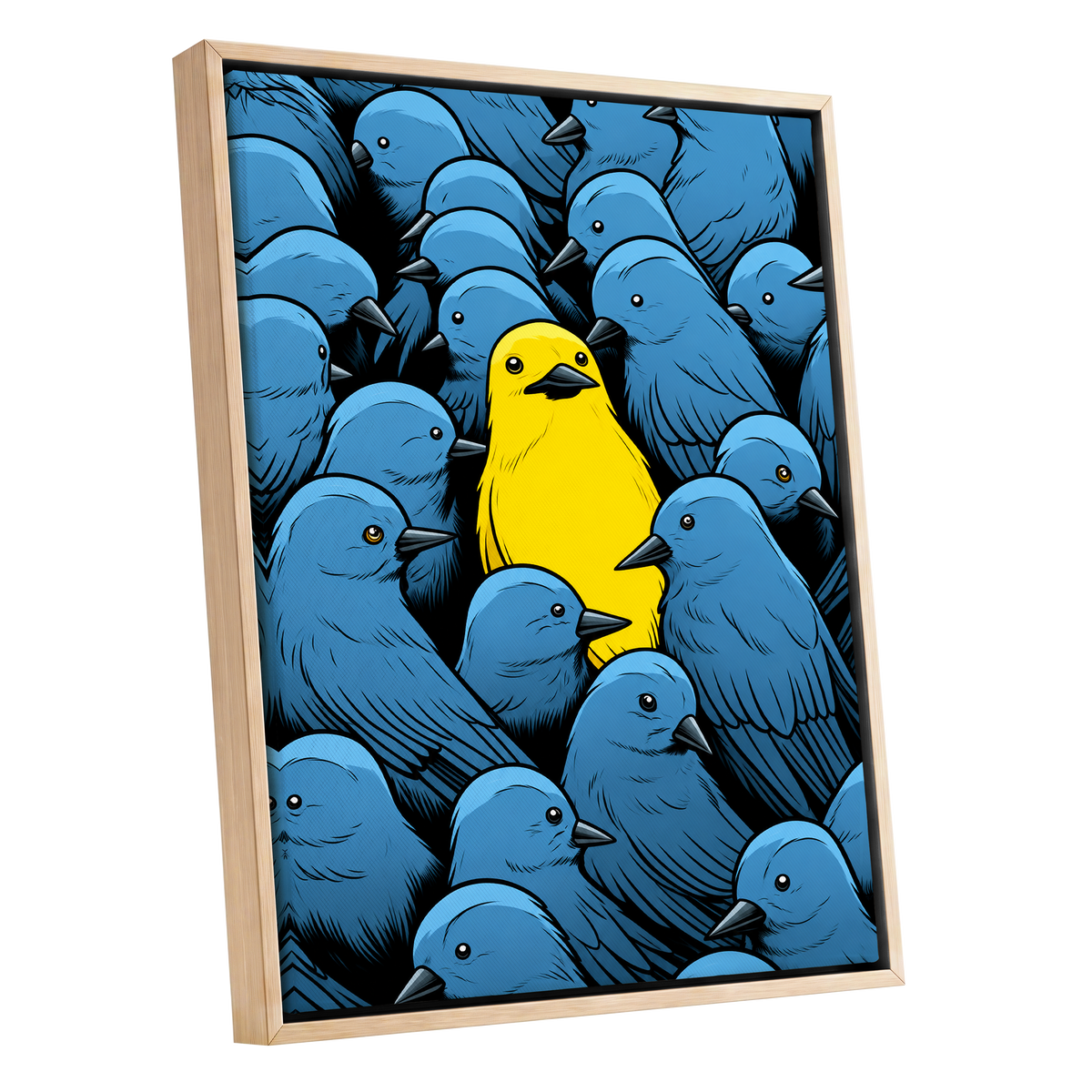 Golden Bird in Blue, blue, yellow, black nature wall art shown as a oak framed canvas wall art