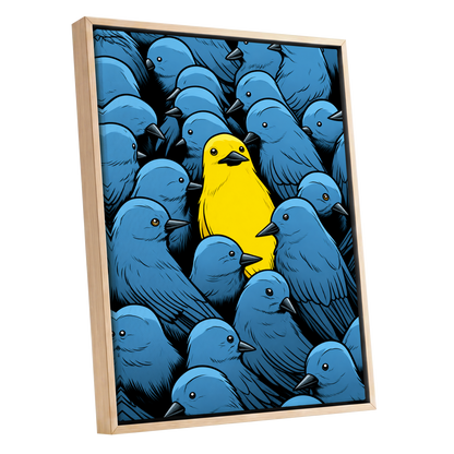 Golden Bird in Blue, blue, yellow, black nature wall art shown as a oak framed canvas wall art