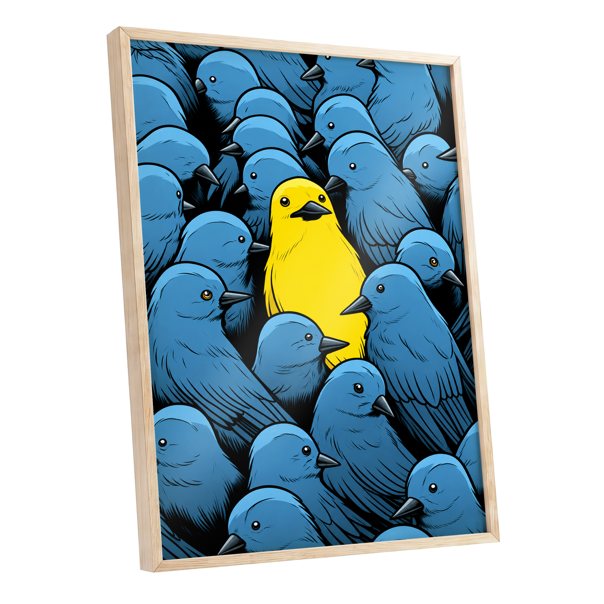 Golden Bird in Blue, blue, yellow, black nature wall art shown as a oak framed poster wall art print