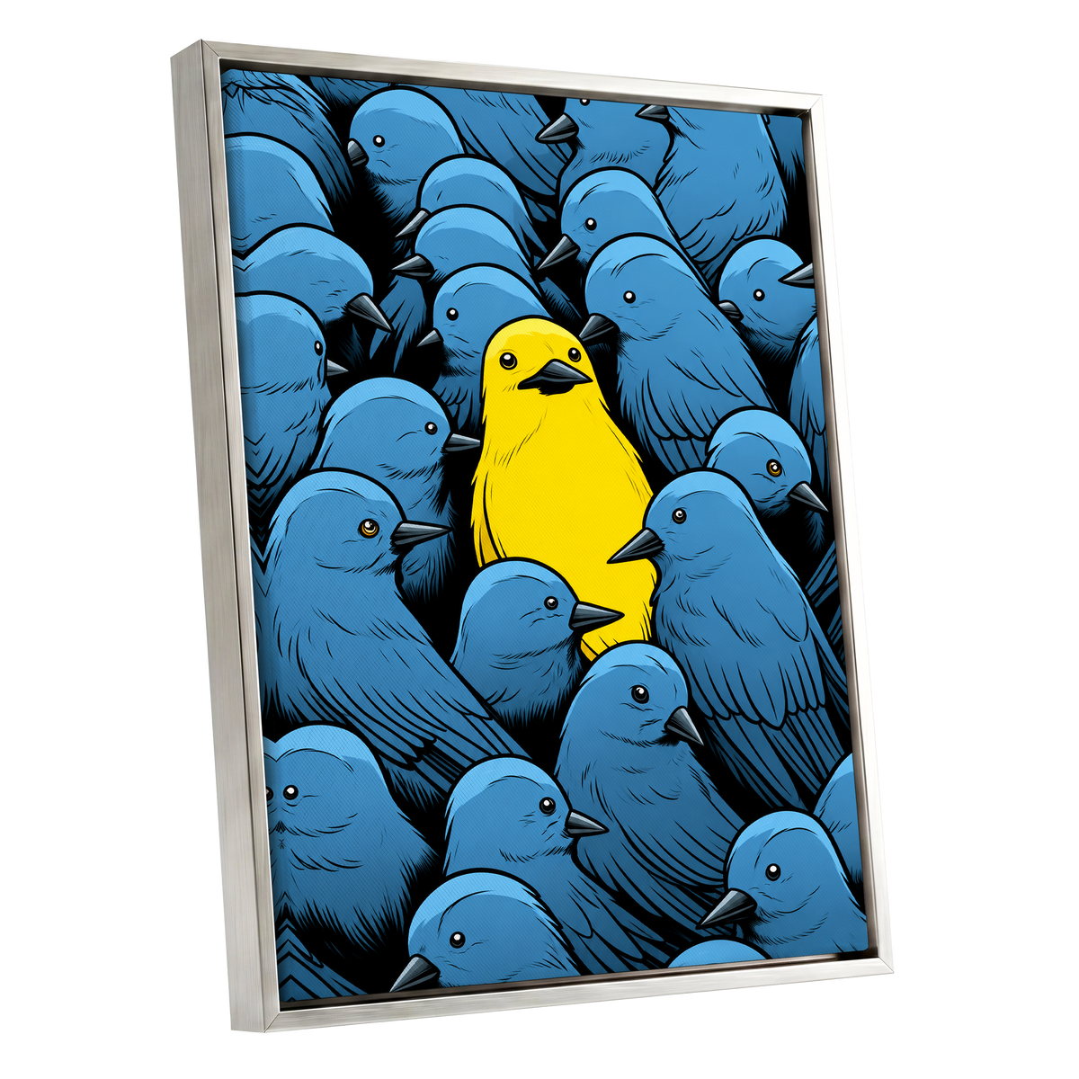 Golden Bird in Blue, blue, yellow, black nature wall art shown as a silver framed canvas wall art