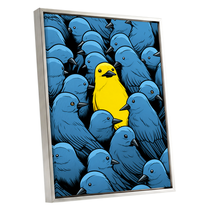 Golden Bird in Blue, blue, yellow, black nature wall art shown as a silver framed canvas wall art