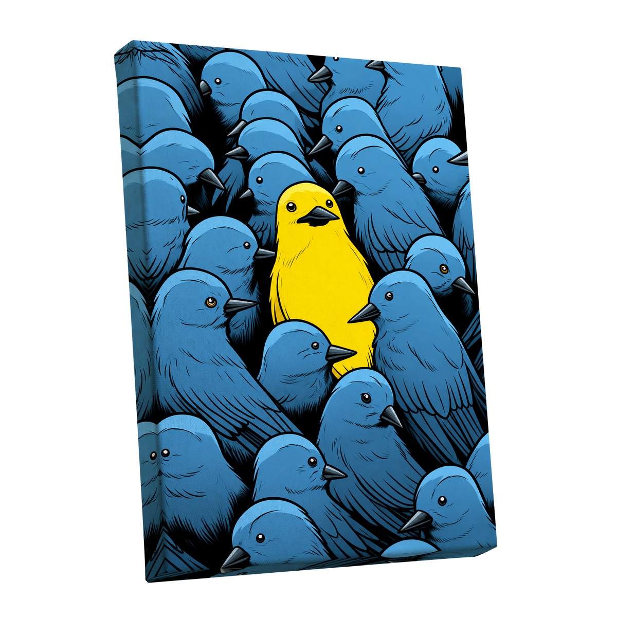 Golden Bird in Blue, blue, yellow, black nature wall art shown as a stretched canvas wall art