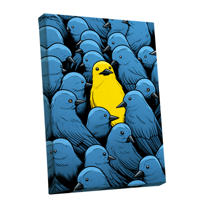 Golden Bird in Blue, blue, yellow, black nature wall art shown as a stretched canvas wall art