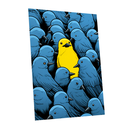 Golden Bird in Blue, blue, yellow, black nature wall art shown as a unframed poster wall art print