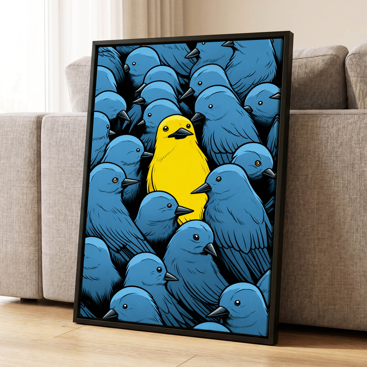 Golden Bird in Blue, blue, yellow, black nature wall art displayed in a styled interior, gallery view 1