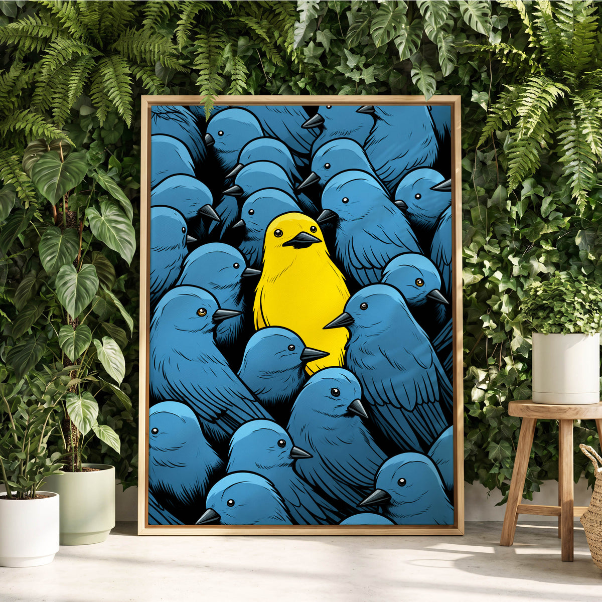 Golden Bird in Blue, blue, yellow, black nature wall art displayed in a styled interior, gallery view 2