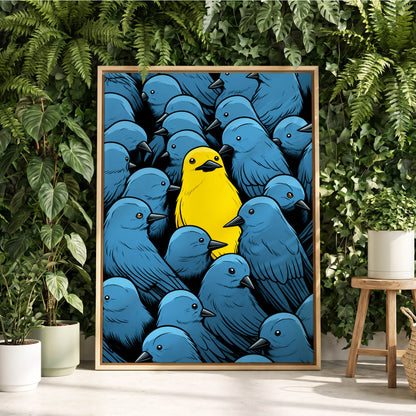 Golden Bird in Blue, blue, yellow, black nature wall art displayed in a styled interior, gallery view 2