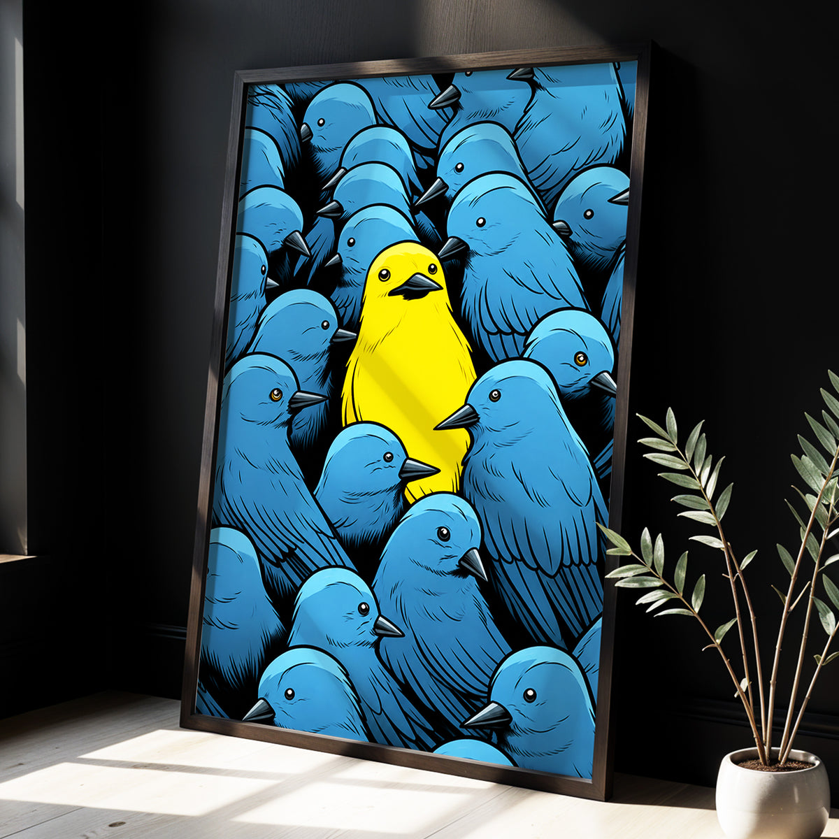 Golden Bird in Blue, blue, yellow, black nature wall art displayed in a styled interior, gallery view 3