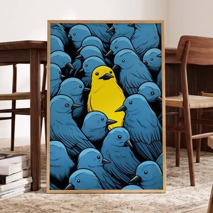 Golden Bird in Blue, blue, yellow, black nature wall art displayed in a styled interior, gallery view 4