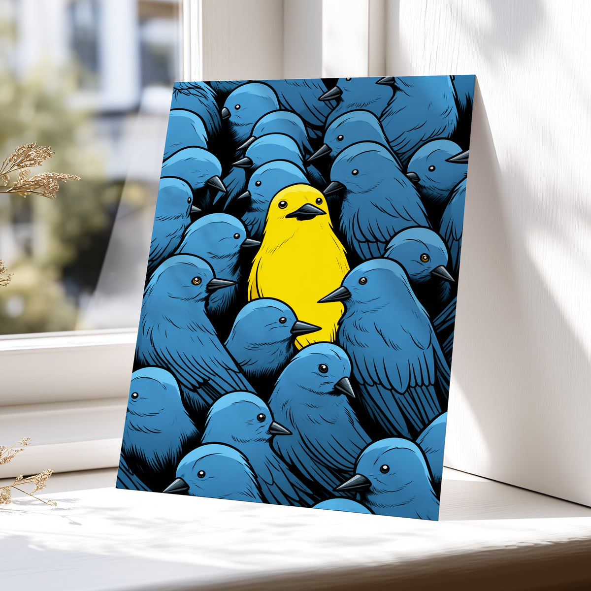Golden Bird in Blue, blue, yellow, black nature wall art displayed in a styled interior, gallery view 5
