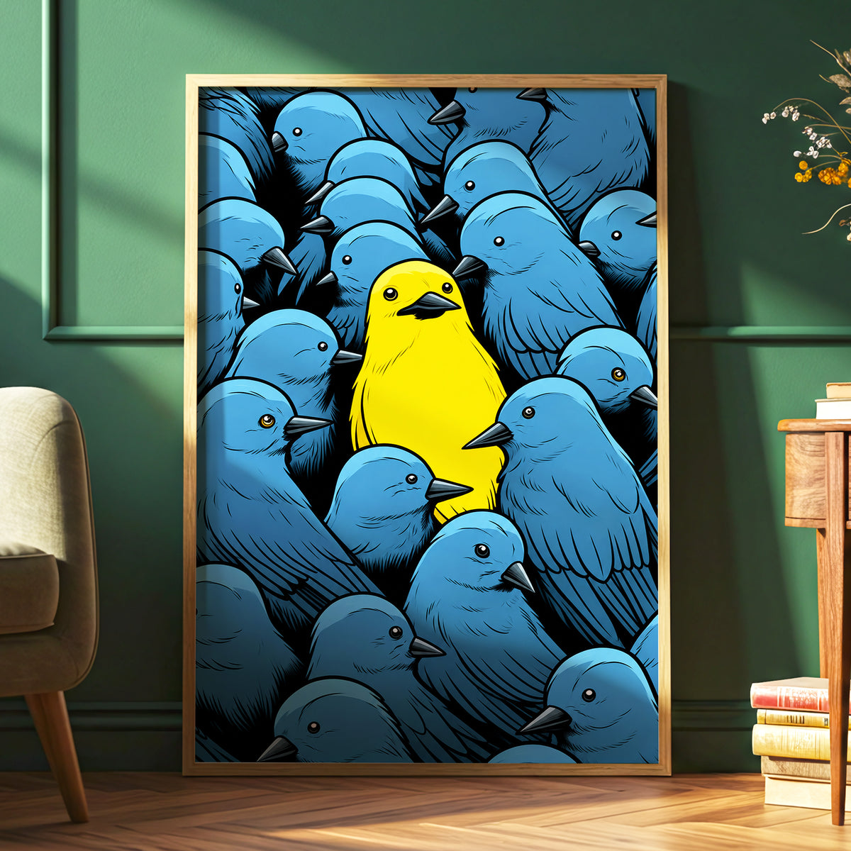 Golden Bird in Blue, blue, yellow, black nature wall art displayed in a styled interior, gallery view 6