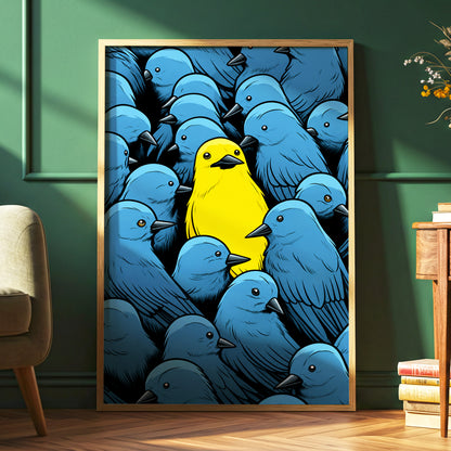 Golden Bird in Blue, blue, yellow, black nature wall art displayed in a styled interior, gallery view 6