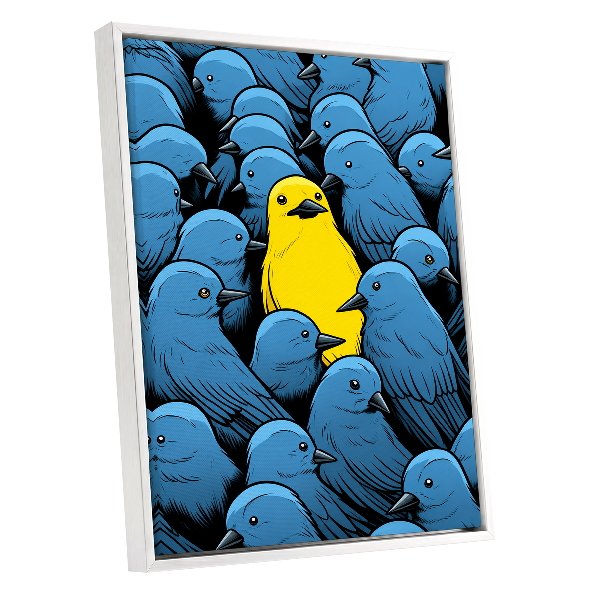 Golden Bird in Blue, blue, yellow, black nature wall art shown as a white framed canvas wall art