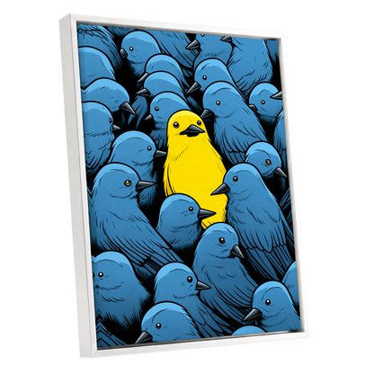 Golden Bird in Blue, blue, yellow, black nature wall art shown as a white framed canvas wall art