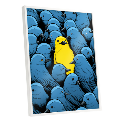 Golden Bird in Blue, blue, yellow, black nature wall art shown as a white framed poster wall art print